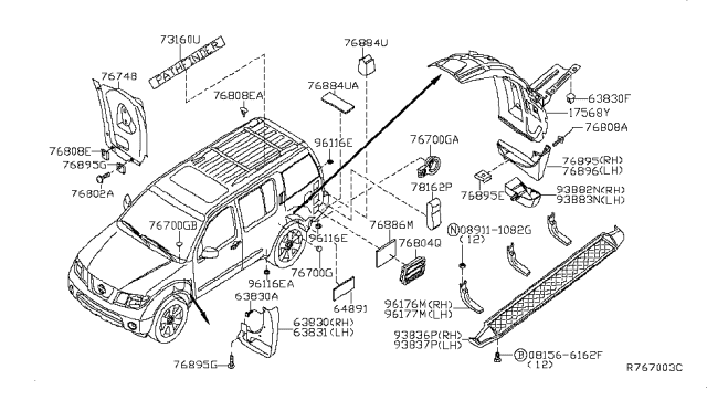 2009 Nissan Pathfinder Felt-Body Side Diagram for 76886-EA500