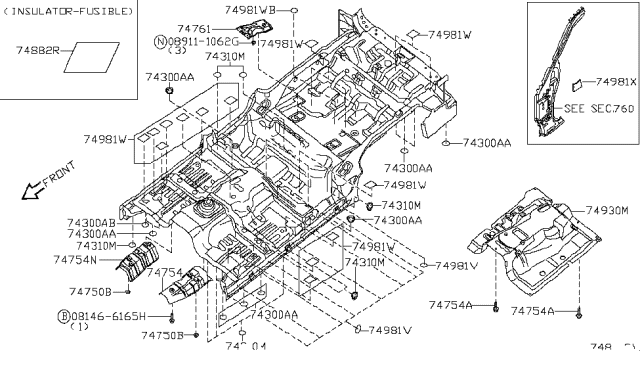 2009 Nissan Pathfinder INSULATOR-Heat,Front Floor Diagram for 74751-EA000