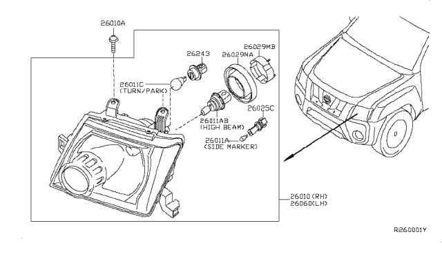 2005 Nissan Pathfinder Passenger Side Headlamp Assembly Diagram for 26010-EA525