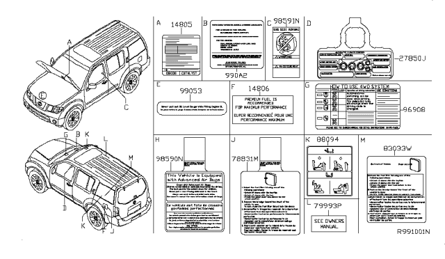 2005 Nissan Pathfinder Caution Plate & Label Diagram 2