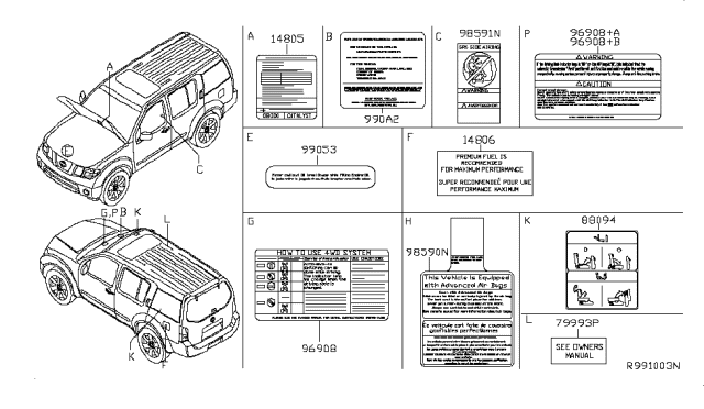 2011 Nissan Pathfinder Emission Label Diagram for 14805-9BA1A