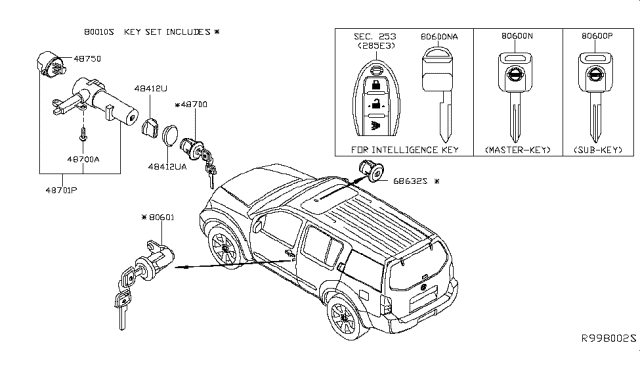 2011 Nissan Pathfinder Key Set-Cylinder Lock Diagram for 99810-9CA6A