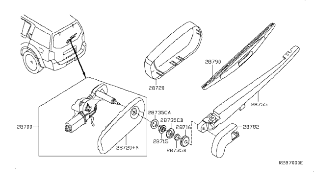 2011 Nissan Pathfinder Rear Window Wiper Blade Assembly Diagram for 28790-EA000