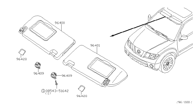 2007 Nissan Pathfinder Passenger Side Sun Visor Assembly Diagram for 96400-ZG20A