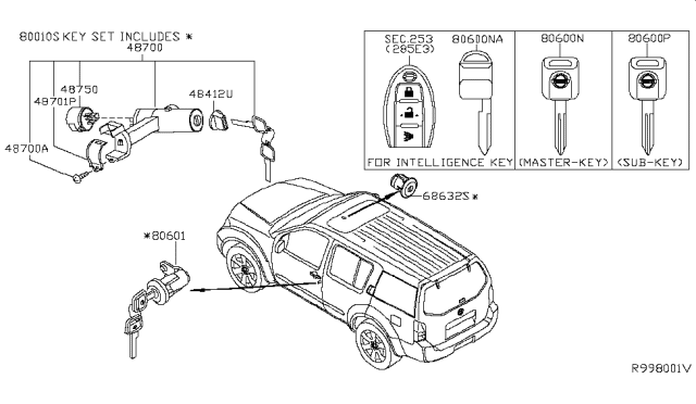 2007 Nissan Pathfinder Key Set-Cylinder Lock Diagram for K9810-EA500