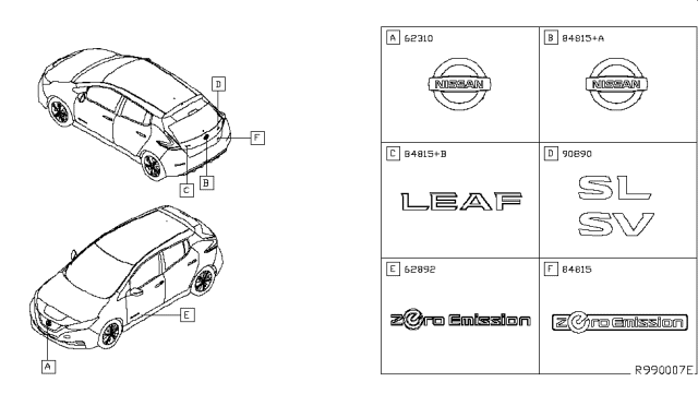 2019 Nissan Leaf Back Door Nameplate Diagram for 90896-5SF0A