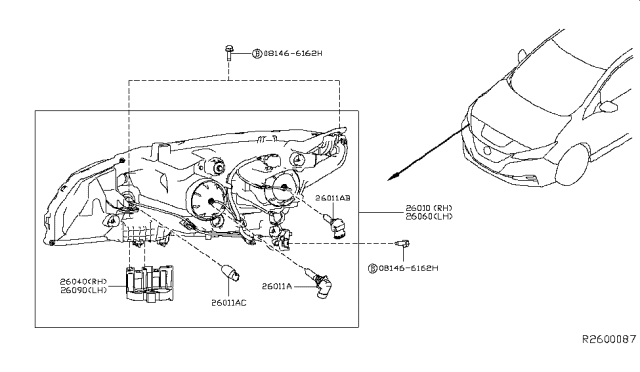 2019 Nissan Leaf Driver Side Headlight Assembly Diagram for 26060-5SA5B