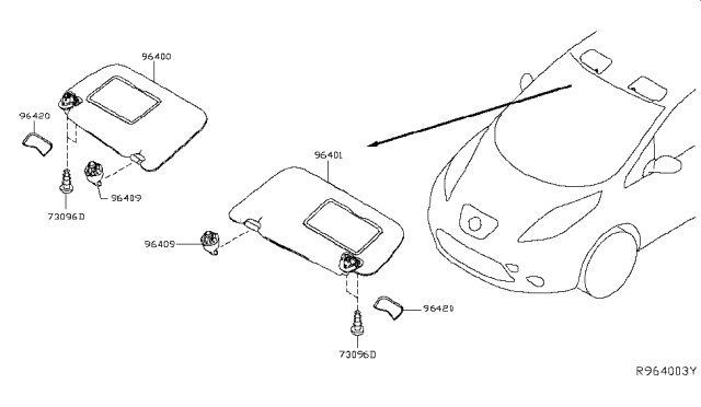 2019 Nissan Leaf Left Sun Visor Assembly Diagram for 96401-5SA0E