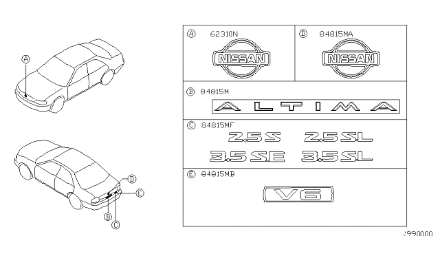 2002 Nissan Altima Emblem & Name Label Diagram