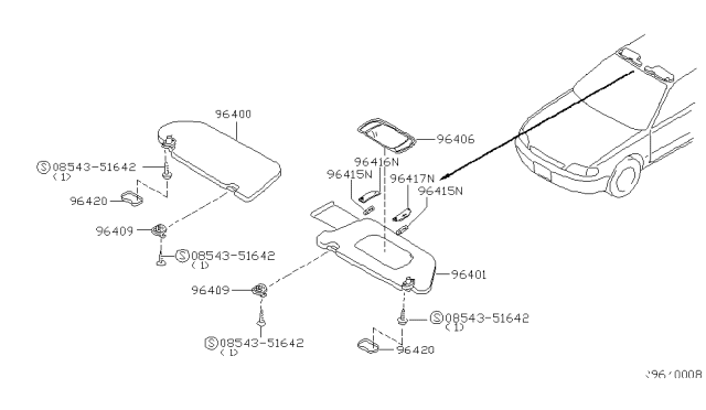 2004 Nissan Altima Left Sun Visor Assembly Diagram for 96401-3Z712