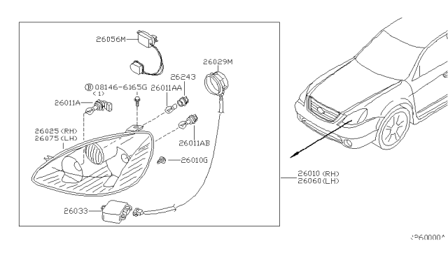 2003 Nissan Altima Driver Side Headlight Assembly Diagram for 26060-3Z825