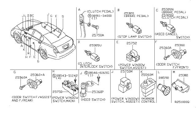 2004 Nissan Altima Switch Assy-Power Window,Main Diagram for 25401-8J100