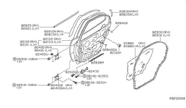 2004 Nissan Altima Rear Door Panel & Fitting Diagram 1