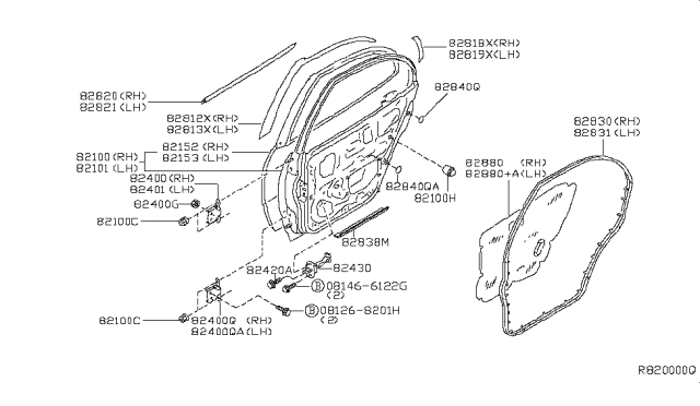 2005 Nissan Altima Weatherstrip-Rear Door,LH Diagram for 82831-3Z600