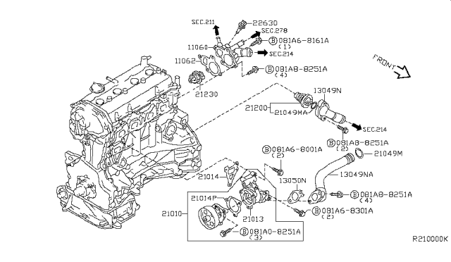 2005 Nissan Altima Water Outlet Diagram for 11060-7Y000