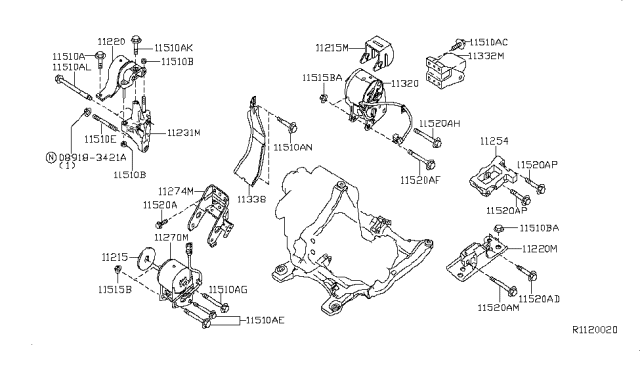 2006 Nissan Altima Engine Mounting Bracket Diagram for 11231-8J100