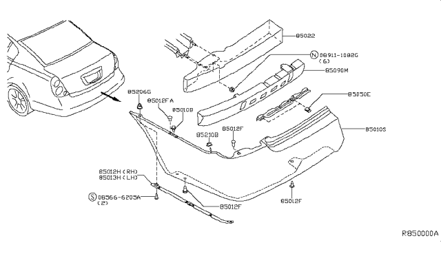 2005 Nissan Altima Rear Bumper Cover Diagram for 85022-8J140