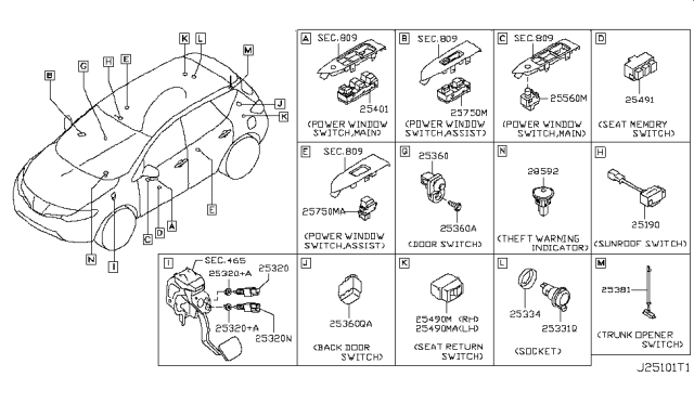 2013 Nissan Murano Switch Assembly-Power Window, Main Diagram for 25401-1AA5D