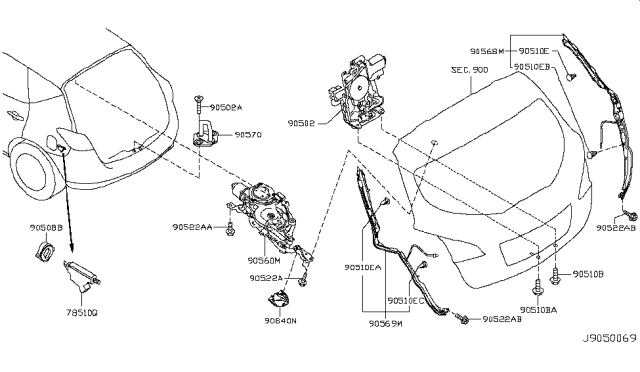 2011 Nissan Murano Back Door Lock Actuator Motor, Right Diagram for 90500-1AA0B