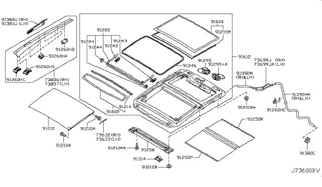 2012 Nissan Murano Glass Assembly SUNROOF, Front Diagram for 91602-1AA1A