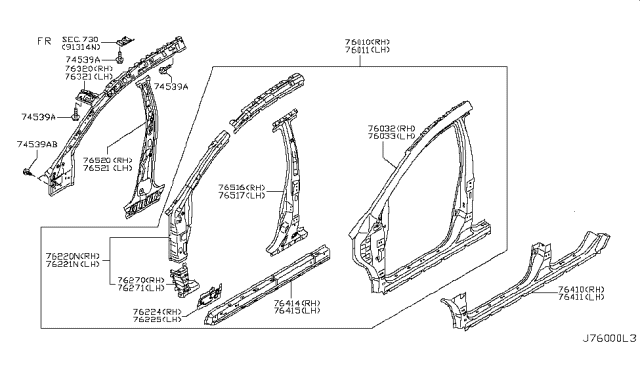 2009 Nissan Murano Rail-Side Roof,Inner LH Diagram for G6305-1AA0B