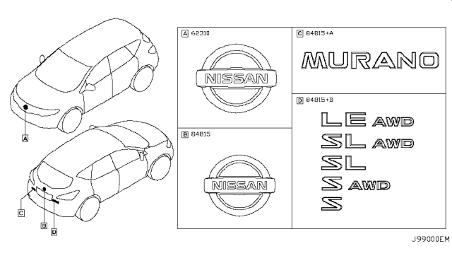 2009 Nissan Murano Emblem & Name Label Diagram 2