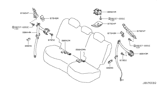 2009 Nissan Murano Rear Seat Buckle Belt Assembly Diagram for 88843-1AA0A