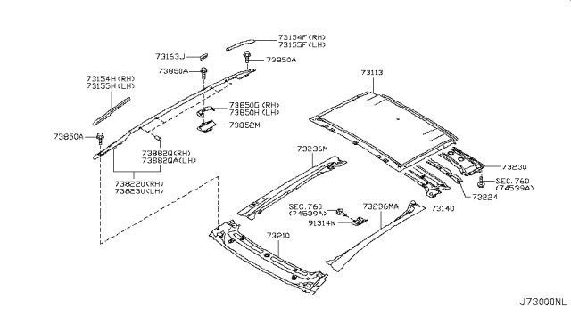 2009 Nissan Murano Roof Panel & Fitting Diagram 4