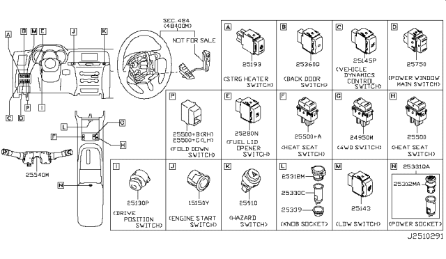 2014 Nissan Murano Switch Assy-Power Window,Main Diagram for 25268-1AA0A