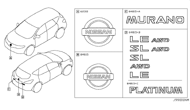 2013 Nissan Murano Rear Emblem Diagram for 90896-CA00A