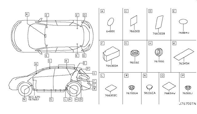 2008 Nissan Murano Insulator-Roof Rail Diagram for 768C6-1AA0A
