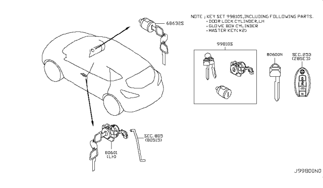 2014 Nissan Murano Key Set Diagram for 99810-3NA5A