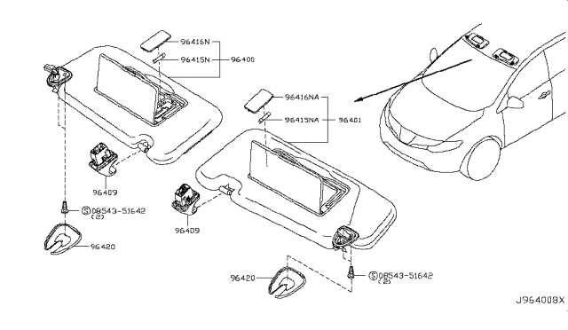 2014 Nissan Murano Passenger Side Sun Visor Assembly Diagram for 96400-1AA1A