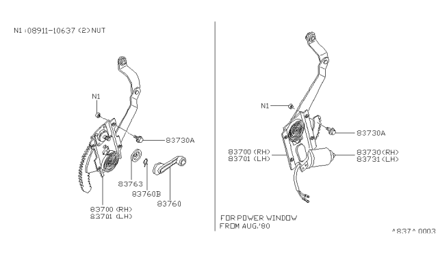 1983 Nissan 200SX REGUL Window L Diagram for 83721-N8210