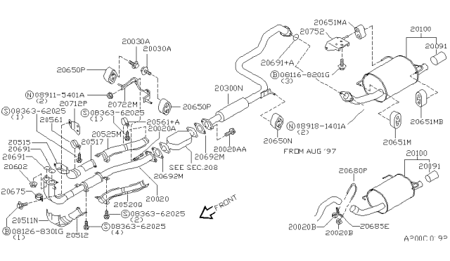 1999 Nissan Sentra Exhaust Tube & Muffler Diagram 3