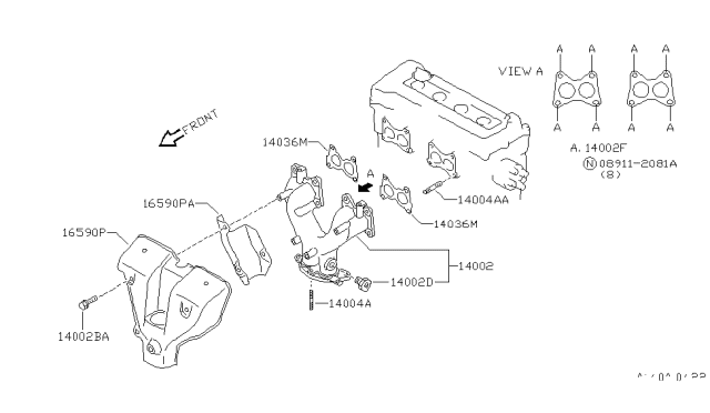 1995 Nissan 200SX Exhaust Manifold With Catalytic Converter Passenger Side Diagram for 14002-1M510
