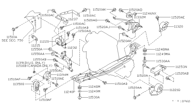 1996 Nissan 200SX Rear Engine Mount Bracket Diagram for 11332-0M811