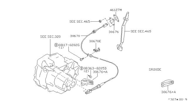 1998 Nissan 200SX Clutch Cable Assembly Diagram for 30770-9B400