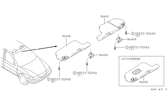 1997 Nissan Sentra Left Sun Visor Assembly Gray Diagram for 96401-9B400