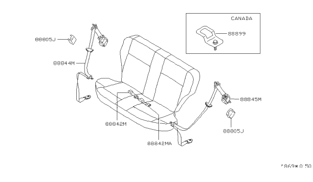 1997 Nissan 200SX Rear Seat Buckle Belt Assembly Diagram for 88842-1M525