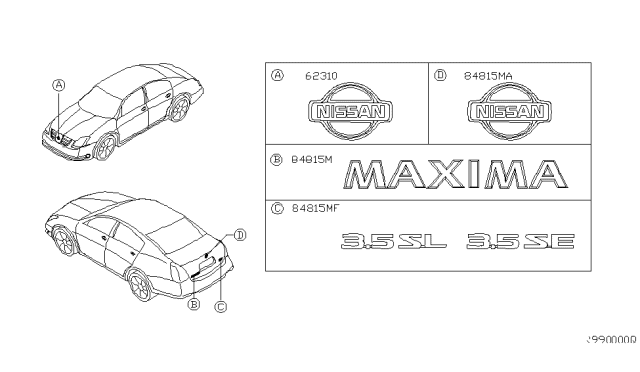 2008 Nissan Maxima Emblem & Name Label Diagram