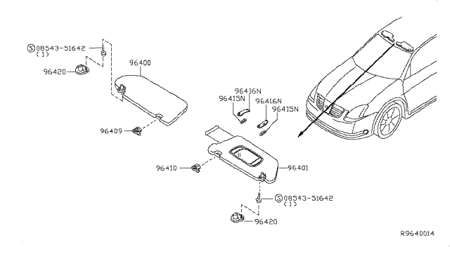 2006 Nissan Maxima Left Sun Visor Assembly Diagram for 96401-ZA300