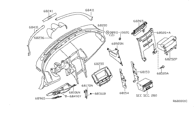 2004 Nissan Maxima Bin - Storage Diagram for 68252-ZA70A