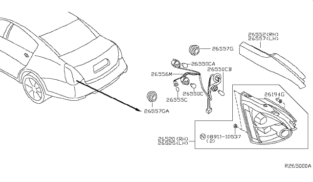 2005 Nissan Maxima Lens-Combination Lamp, LH Diagram for 26525-7Y025