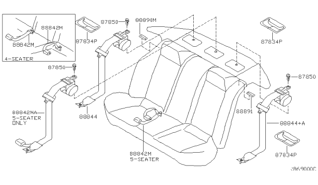 2004 Nissan Maxima Rear Buckle Belt Assembly, Center 5Seater Diagram for 88842-7Y081