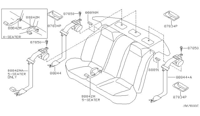 2004 Nissan Maxima Rear Buckle Belt Assembly, Center 5Seater Diagram for 88843-7Y082