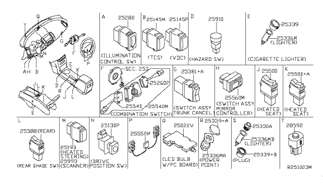 2006 Nissan Maxima Switch Assy-Combination Diagram for 25560-7Y00C