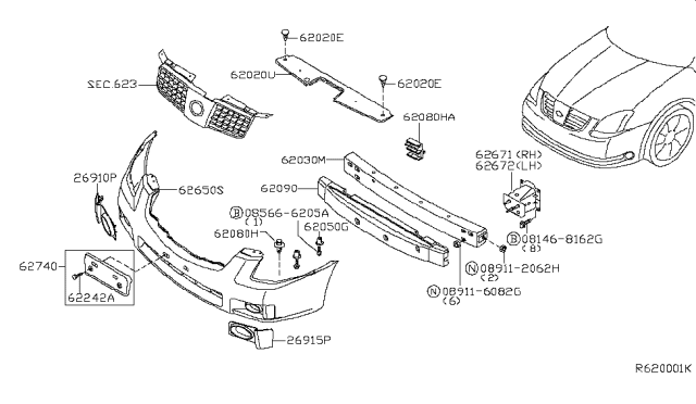 2007 Nissan Maxima Front Bumper Cover Diagram for 62022-7Y025