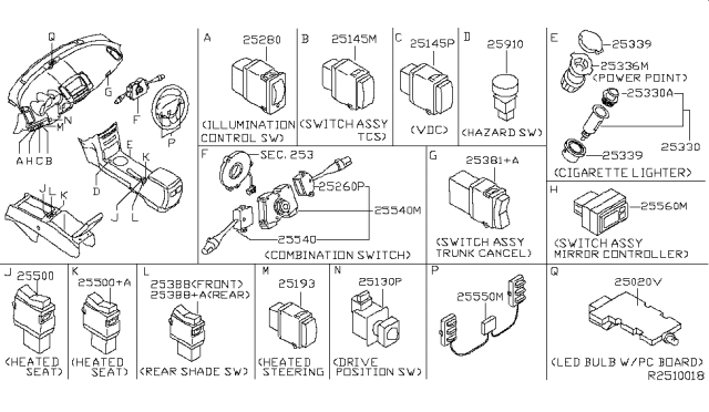 2004 Nissan Maxima Switch Assy-Mirror Control Diagram for 25570-ZK000