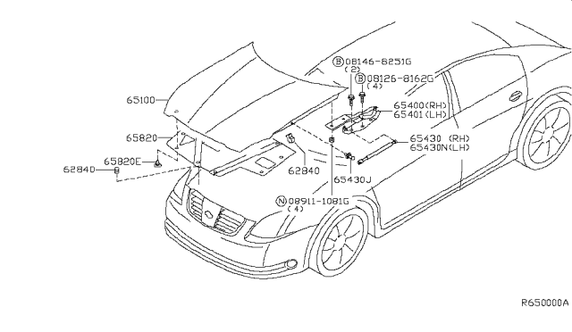 2004 Nissan Maxima Hood Panel,Hinge & Fitting Diagram